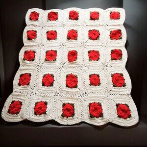 Crocheted Granny Afghan Throw Blanket 3D Puffy Red Roses Flowers 54x58